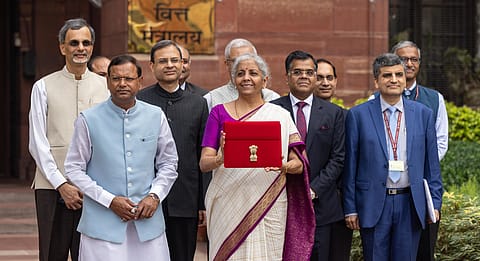 FM Nirmala Sitharaman outside her office in North Block before her Budget 2024 speech today.