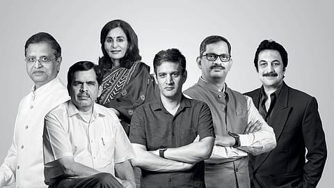 (From L to R): Subhash Chandra Garg, Ashwani Mahajan, Suneeta Reddy, Amitabh Dubey, N.R. Bhanumurthy, Shankar Sharma
