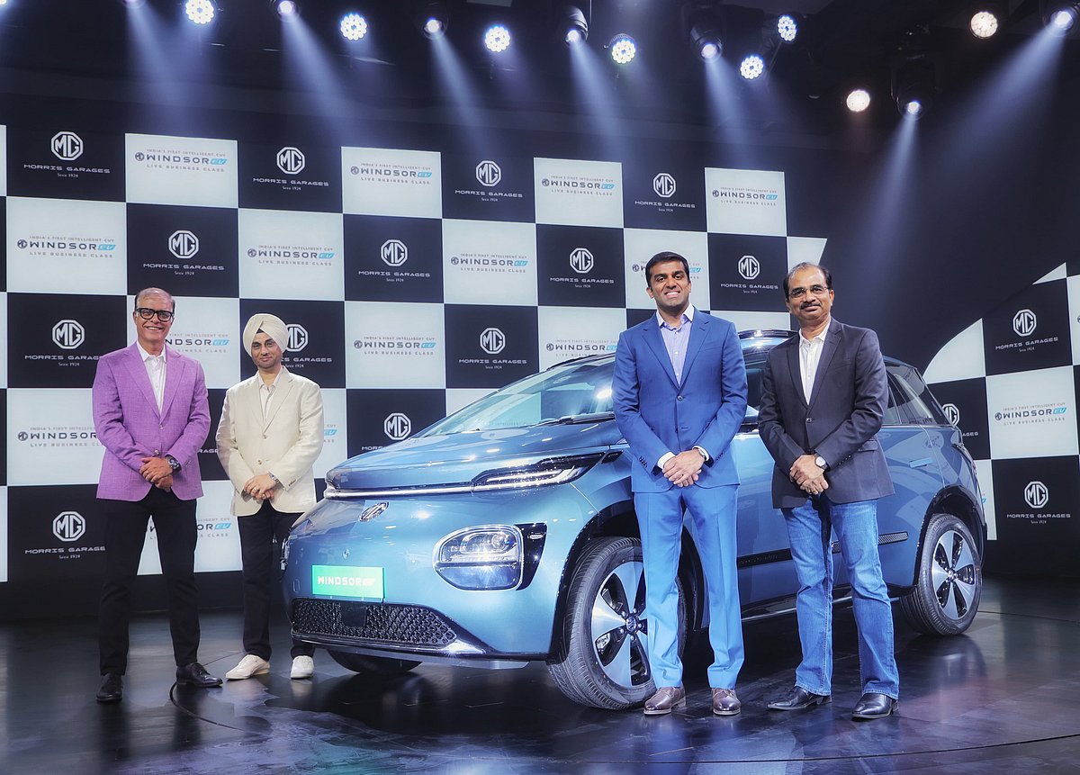 (L-R) JSW MG Motor India CEO emeritus Rajeev Chaba; chief commercial officer Satinder Bajwa; director Parth Jindal; managing director Biju Balendran.