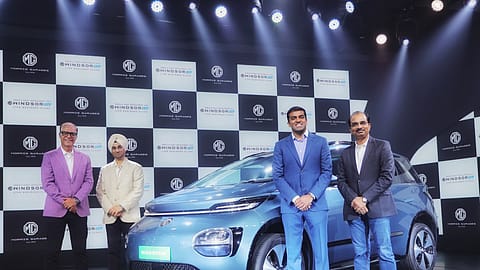(L-R) JSW MG Motor India CEO emeritus Rajeev Chaba; chief commercial officer Satinder Bajwa; director Parth Jindal; managing director Biju Balendran.