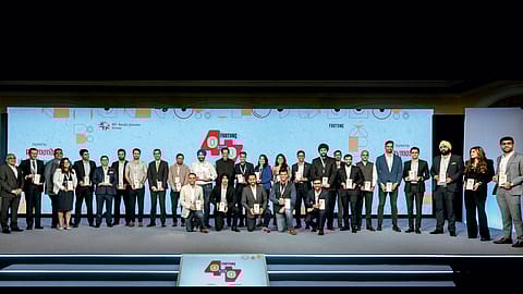 Chief guest Padma Bhushan K.V. Kamath, chairperson, National Bank for Financing Infrastructure and Development, with winners of Fortune India’s 40Under40 Awards in Mumbai. 