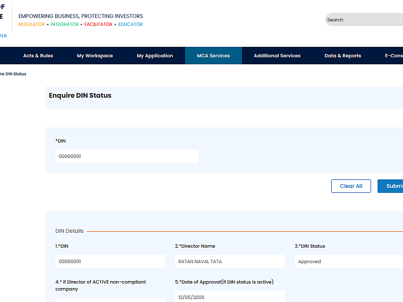 Ministry of Corporate Affairs website showing Ratan Tata's DIN.