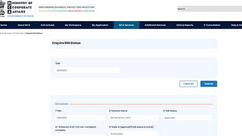 Ministry of Corporate Affairs website showing Ratan Tata's DIN.