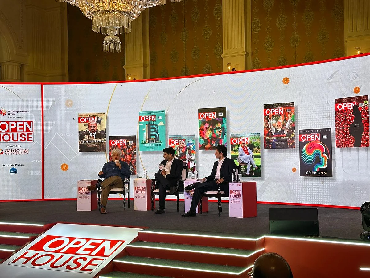 Businessman, author and columnist Suhel Seth in a chat with Shashwat Goenka, vice chairman of RPSG Group, and Devansh Jain, executive director of INOXGFL Group, at the 2025 edition of the OPEN House event in New Delhi on Monday.