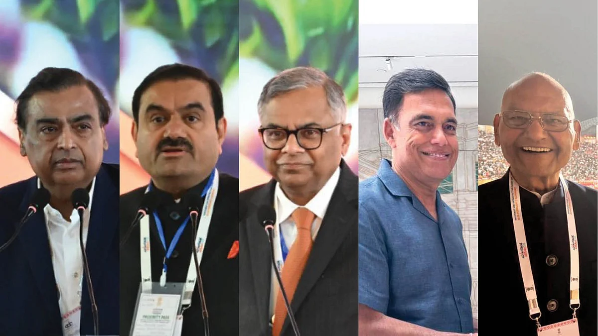 From Left: Reliance Industries Chairman Mukesh Ambani, Adani Group Chairman Gautam Adani, Tata Sons Chairman Natarajan Chandrasekaran, JSW Group Chairman Sajjan Jindal, Vedanta Group Chairman Anil Agarwal