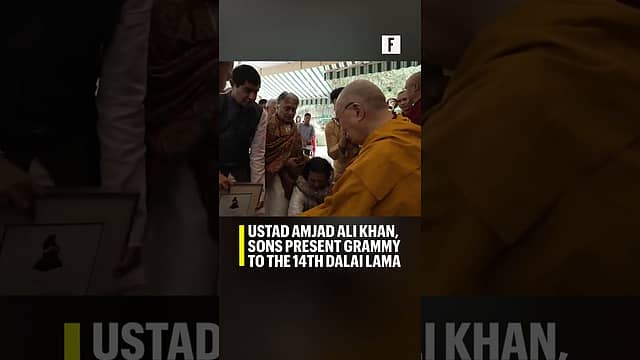 Ustad Amjad Ali Khan, sons present Grammy to the 14th Dalai Lama